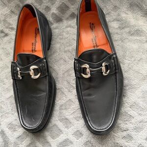 Santoni Black Leather Horse Bit Slip-Ons with Silver Buckles